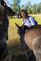 lindo menina com canguru dentro a nacional parque, Brisbane, Austrália foto