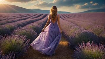 lindo menina dentro uma vestir dentro uma lavanda campo foto