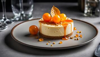 lindo bolo de queijo com physalis uma restaurante cozido foto