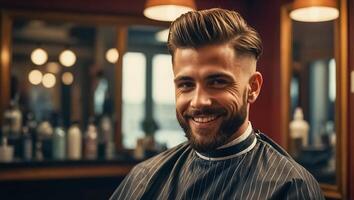 sorridente homem dentro uma barbearia cadeira foto