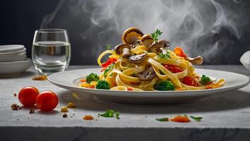 fettuccine com cogumelos e tomates restaurante foto