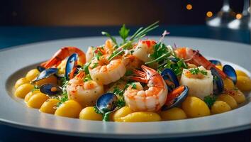 nhoque com frutos do mar delicioso dentro uma restaurante foto