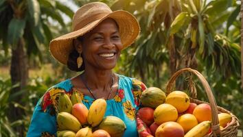 mulher segurando tropical frutas foto