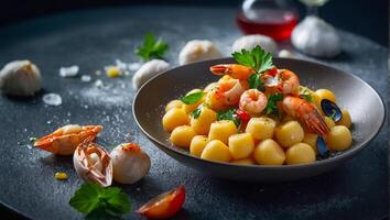 nhoque com frutos do mar delicioso dentro uma restaurante foto