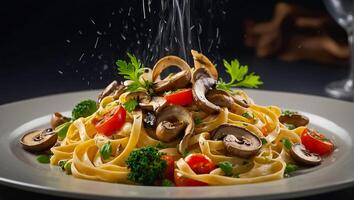 fettuccine com cogumelos e tomates restaurante foto