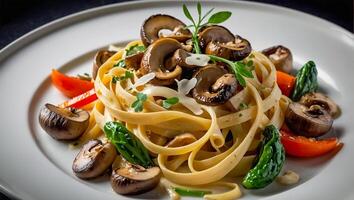 fettuccine com cogumelos e tomates restaurante foto