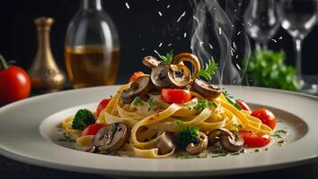 fettuccine com cogumelos e tomates restaurante foto