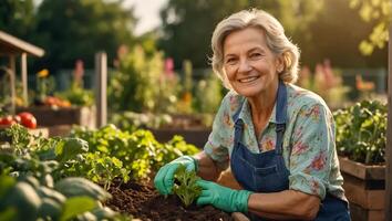 sorridente idosos mulher vestindo jardinagem luvas dentro a vegetal jardim foto