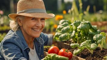 sorridente idosos mulher vestindo jardinagem luvas dentro a vegetal jardim foto