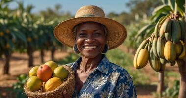 mulher segurando tropical frutas foto