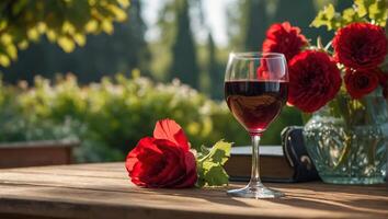 vidro com vermelho vinho, flores em a mesa dentro natureza foto