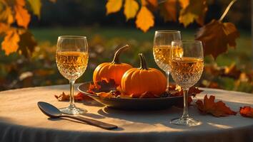 óculos do vinho, outono folhas em a mesa dentro natureza, abóboras foto