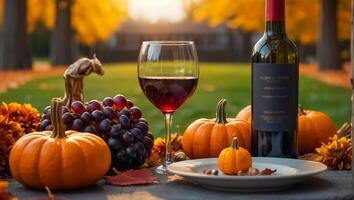 óculos do vinho, outono folhas em a mesa dentro natureza, abóboras foto