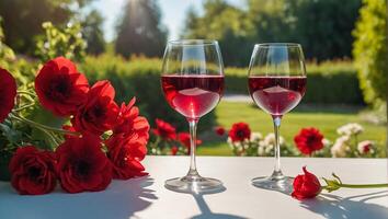 vidro com vermelho vinho, flores em a mesa dentro natureza foto