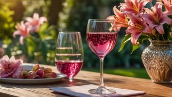 óculos com Rosa vinho, flores em a mesa dentro natureza foto