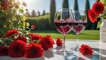 vidro com vermelho vinho, flores em a mesa dentro natureza foto