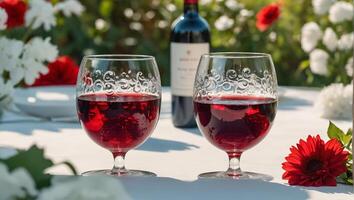 vidro com vermelho vinho, flores em a mesa dentro natureza foto