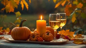 óculos do vinho, outono folhas em a mesa dentro natureza, abóboras foto