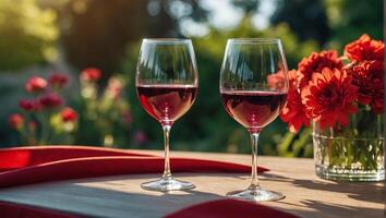 vidro com vermelho vinho, flores em a mesa dentro natureza foto