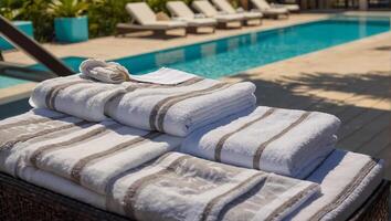 toalhas em Sol espreguiçadeiras perto a piscina foto