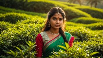 indiano menina colheita verde chá em uma plantação foto