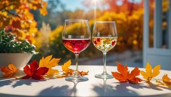 óculos com vinho, outono folhas em a mesa dentro natureza foto