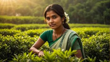 indiano menina colheita verde chá em uma plantação foto
