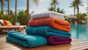 toalhas em Sol espreguiçadeiras perto a piscina foto