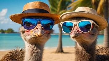 desenho animado avestruz com óculos e chapéu em a de praia foto