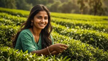 indiano menina colheita verde chá em uma plantação foto