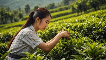 chinês menina colheita verde chá em uma plantação foto