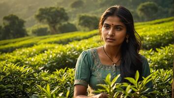 indiano menina colheita verde chá em uma plantação foto