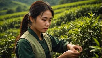 chinês menina colheita verde chá em uma plantação foto