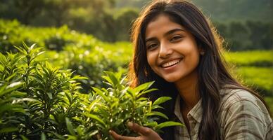 indiano menina colheita verde chá em uma plantação foto