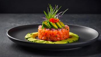 tartare com salmão e abacate dentro uma restaurante França foto