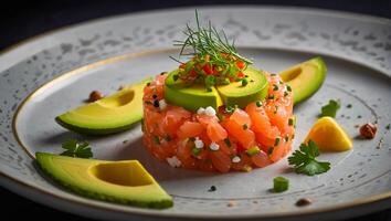 tartare com salmão e abacate dentro uma restaurante França foto