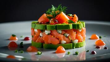 tartare com salmão e abacate dentro uma restaurante França foto