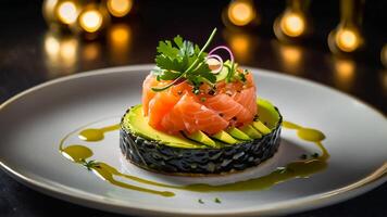 tartare com salmão e abacate dentro uma restaurante foto