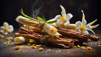 baunilha Gravetos com flores em velho fundo foto