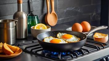 delicioso omelete uma fritar panela dentro a cozinha foto