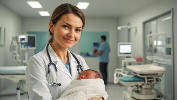 sorridente mulher médico com recém-nascido bebê dentro maternidade hospital foto