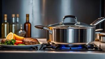 lindo Panela em a fogão dentro a cozinha foto