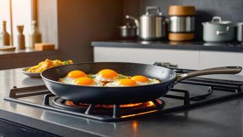 delicioso omelete uma fritar panela dentro a cozinha foto