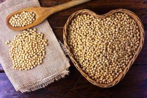 grãos de soja crus e frescos dentro de uma cesta com formato de coração na mesa de madeira rústica. fechar-se