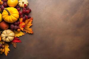 Ação de graças dia ou outono composição com abóbora, laranjas, folhas ou frango. Ação de graças Comida conceito de ai gerado foto