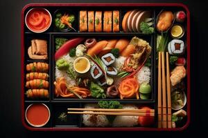fresco Comida parte dentro japonês bento caixa com salada a Principal curso Sushi lista com legumes vegetariano prato, generativo ai foto