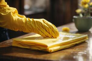 mulher vestindo amarelo luva e usando molhado limpar mesa foto