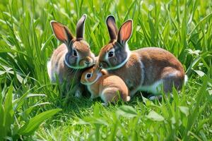 coelhos. uma família do coelhos em uma verde Prado. Primavera flores e verde grama. foto