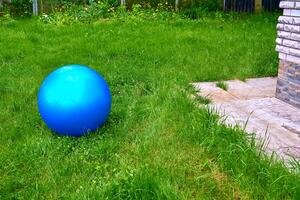 ampla azul borracha bola para jogos, Esportes exercícios em uma verde grama, pátio foto