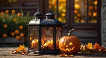 dois dia das Bruxas lanterna abóboras em de madeira mesa dentro ensolarado outono jardim, cópia de texto, bandeira foto